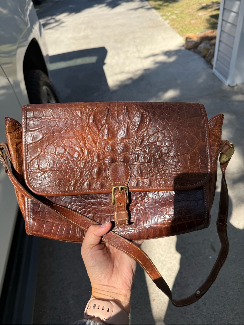 Brahmin Brown Croc-Embossed Leather Messenger Bag
